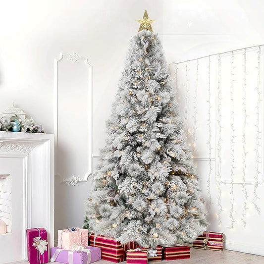 Darla 9ft Snow Flocked Prelit Artificial Christmas Tree with Star Projector, 58 Pine Cones, 1612 Branch Tips, 720 Warm Lights and Metal Stand, 58" Wide Snowy Frosted Pine Christmas Tree with Lights