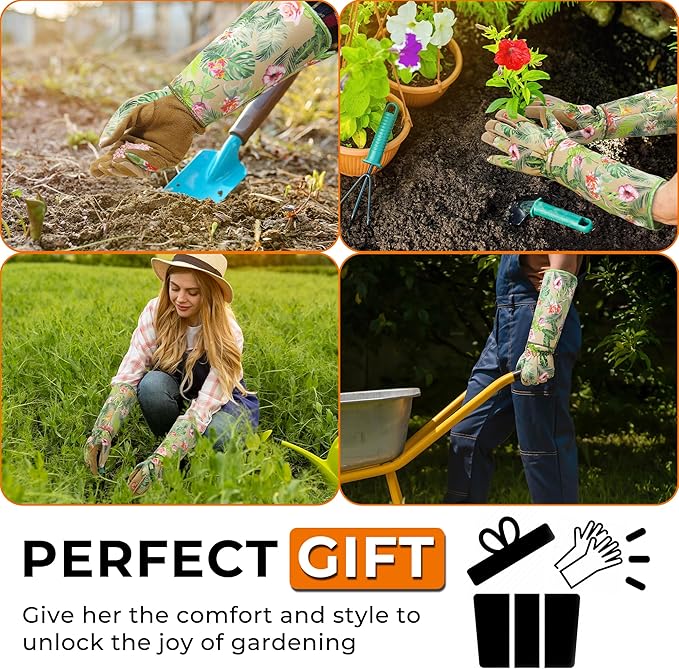 HANDLANDY Leather Gardening Gloves for Women, Scratch Resistant Breathable Ladies Rose Pruning Garden Gauntlet Yard Gloves, Gift for Gardeners (Khaki, S)