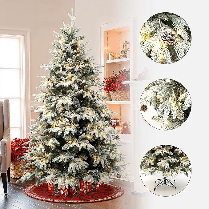 LuxenHome 7FT Christmas Tree with Lights, Full Flocked Prelit Artificial Christmas Tree with Pine Cone, 400 LED Lights,1856 PE+PVC Branch Tips, Prelit Pine Tree for Indoor, Outdoor Holiday Décor