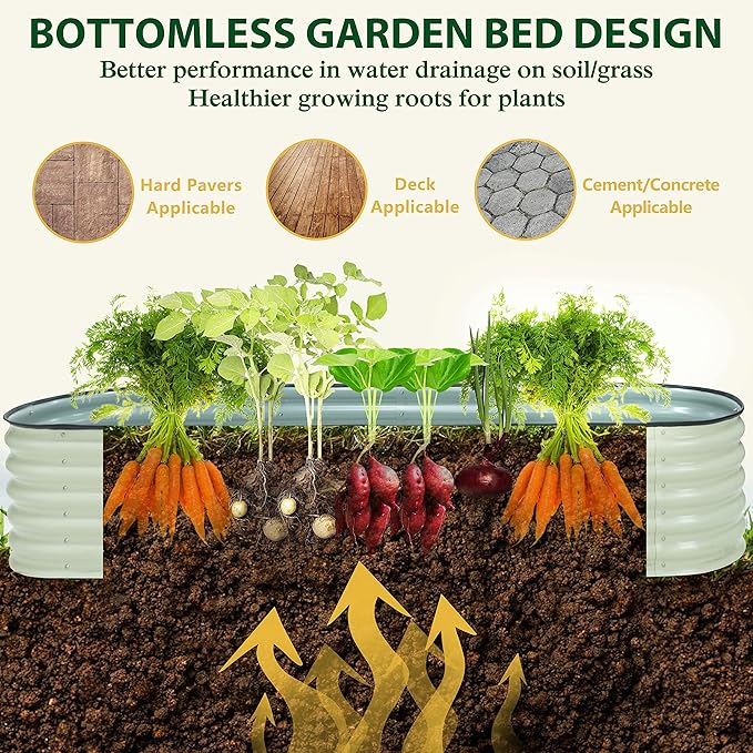 MUPATER 8ftx2ftx1.4ft Raised Garden Bed Outdoor for Vegetables, 9-in-1 Galvanized Metal Planter Box, 17''H Modular Garden Bed Kit Oval for Herbs and Flowers, Pearl White