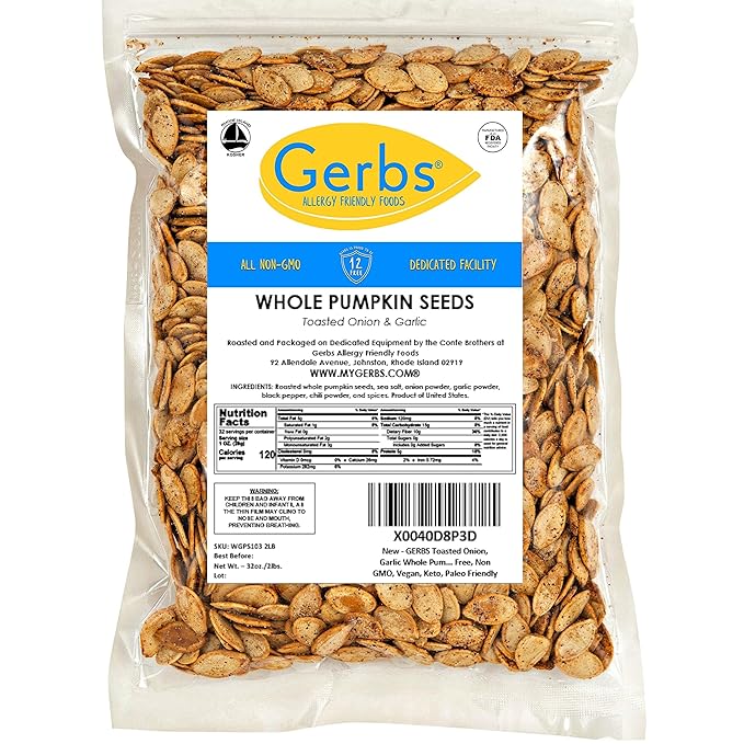 Gerbs Toasted Onion & Garlic Whole Pumpkin Seeds 2 lbs. | Small Batch Roasted, In-Shell, 10.5 mm Size, Resealable Bag | Bold & Savory Crunch | Top 14 Allergen-Free