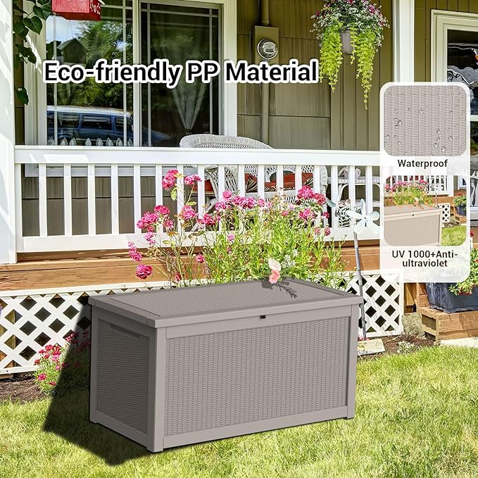 DRATO 260 Gallon Deck Box, Outdoor Large Waterproof Resin Storage Box with Lockable Lid for Patio Cushions, Gardening Tools, Light Brown