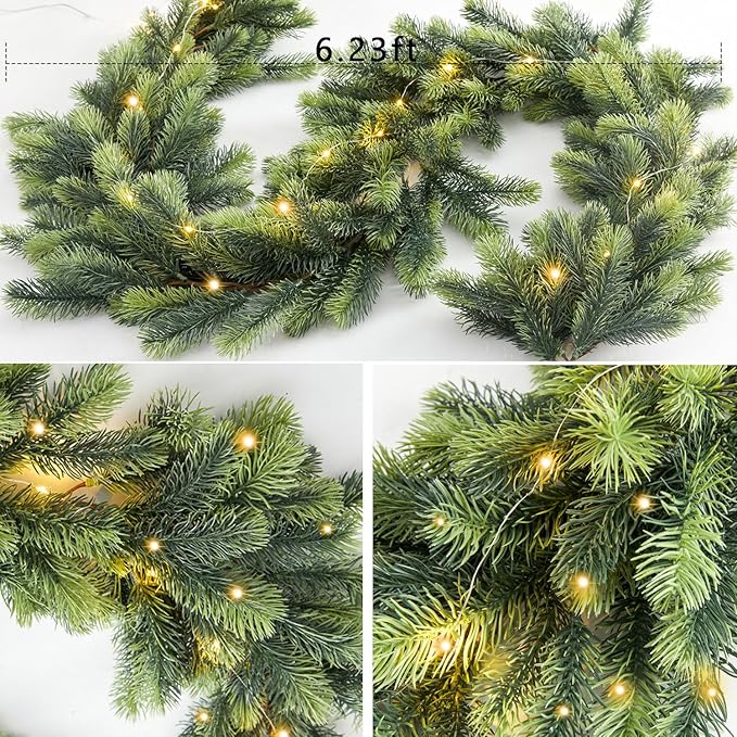 PARTY JOY 6FT Christmas Garland with LED String Lights, Artificial Pine Cypress Garland, Christmas Decorations Table Mantle Background Wall Room Winter Garland Outdoor Indoor Christmas Decor