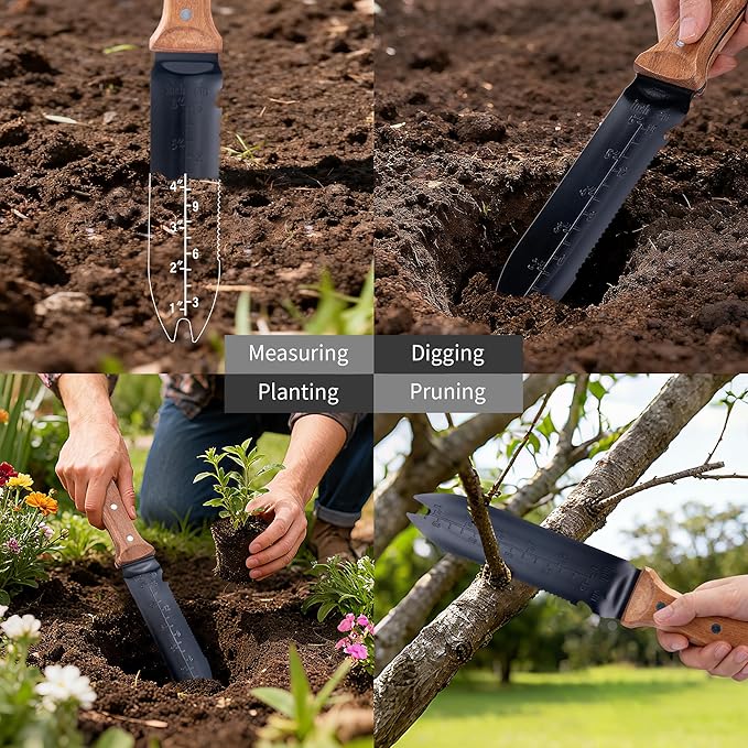 WILLKOMMEN Hori Hori Garden Knife- Garden Tools with Oxford Cloth Sheath, 7" Stainless Steel Blade,Full Tang Beechwood Handle, Ideal for Transplanting, Division, Weeding & Root Care (Forked Tip)