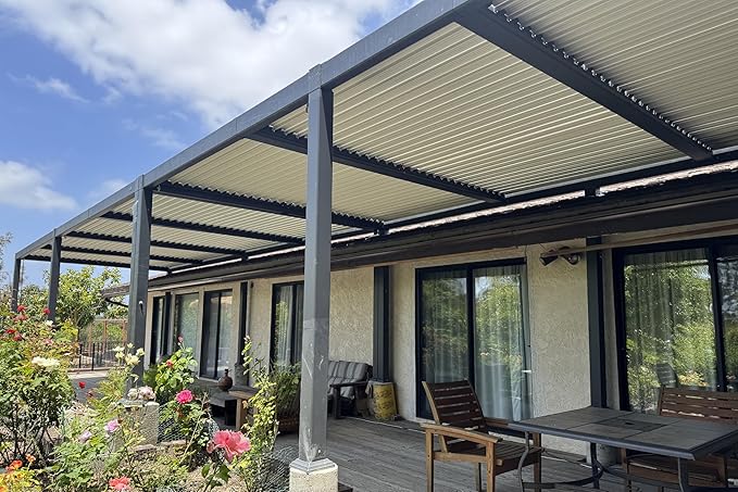PURPLE LEAF Louvered Pergola 11' x 28' Aluminum Pergola with White Roof Four Independently Adjustable Hardtop Rainproof Louver for Patio Garden Backyard