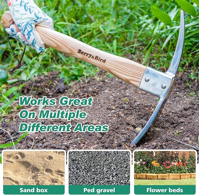 Berry&Bird Gardening Pick Axes, Stainless Steel Pickaxe Mattock Hoe with Wooden Handle, Heavy Duty Pick Axe Hand Tool for Transplanting Digging Planting Loosening Soil Camping or Prospecting