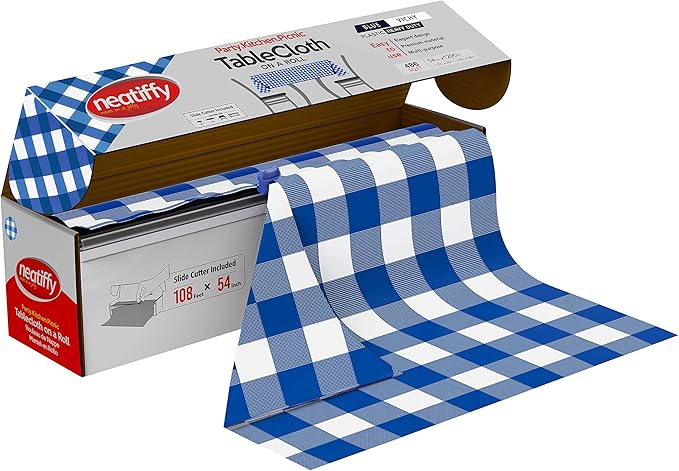 Neatiffy Disposable Plastic Table Cloth Roll | 54 in x 108 Ft Waterproof Tablecloth | Table Cover for Rectangle, Square, Round Oval Tables | Picnic, Party, Banquet, Birthdays, Weddings - Blue Gingham