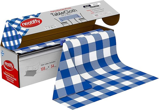 Neatiffy Disposable Plastic Table Cloth Roll | 54 in x 108 Ft Waterproof Tablecloth | Table Cover for Rectangle, Square, Round Oval Tables | Picnic, Party, Banquet, Birthdays, Weddings - Blue Gingham