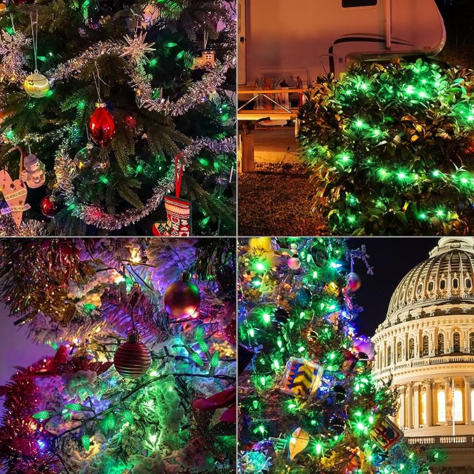 WATERGLIDE C6 Christmas Lights, 33ft 100 LED Faceted String Lights Green Wire Fairy Lights with 29V Safe Adaptor, 8 Lighting Mode, Waterproof for Indoor Outdoor Patio Xmas Tree Party Decor, Green
