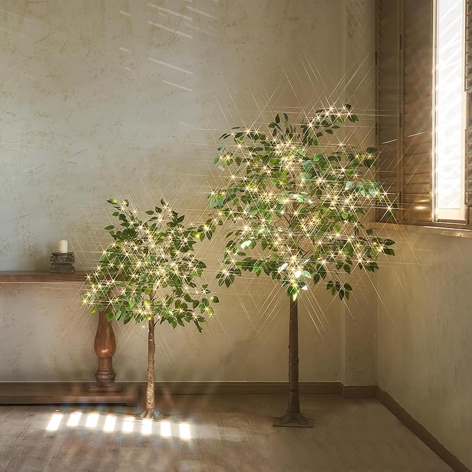 BAOLITVINE Artificial Ficus Silk Tree with Lights 4FT, Lighted Plant Tree with 140 LED Fairy Lights for Home Living Room Spring Summer Decoration