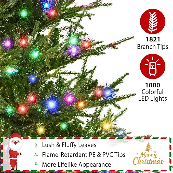 Yaheetech 7.5ft Full Christmas Tree with 1000 Multicolored LED Lights & 1821 Unique Forked Tips,Hinged Tree for Garden,Office,Pre-lit Artificial Christmas Tree with Foldable Metal Stand,Green