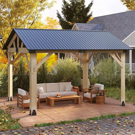 Wood Gazebo 12'x14', Cedar Wooden Gazebos, Outdoor Hardtop Gazebo with Waterproof Steel Roof, Fit Patio, Backyard, Garden, Lawns, Porch