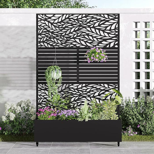 Casaphoria Metal Raised Garden Bed with Trellis and Wheels, 72"x47"x16" Planter Box for Climbing Plants, Vegetables & Vines, Features Drainage Holes and Privacy Screen, Black(Spring&Louvered)