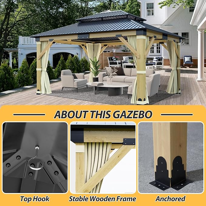 13'x15' Wood Gazebo, Outdoor Solid Wooden Gazebo with Double Roof Galvanized Steel Top, Hardtop Cedar Frame with Curtain & Netting for Garden, Patio, Deck, Backyard