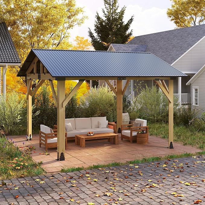 Wood Gazebo 10'x12', Cedar Wooden Gazebos, Outdoor Hardtop Gazebo with Waterproof Steel Roof, Fit Patio, Backyard, Garden, Lawns, Porch