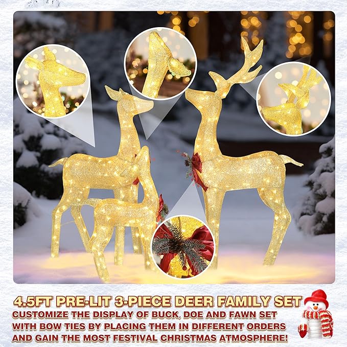 MUPATER Outdoor Christmas Decoration Lighted Deer Family Set Indoor, Christmas Holiday Yard Decor 3-Piece Set for Lawn and Home Party with Lights, Ground Stakes and Zip Ties, Gold