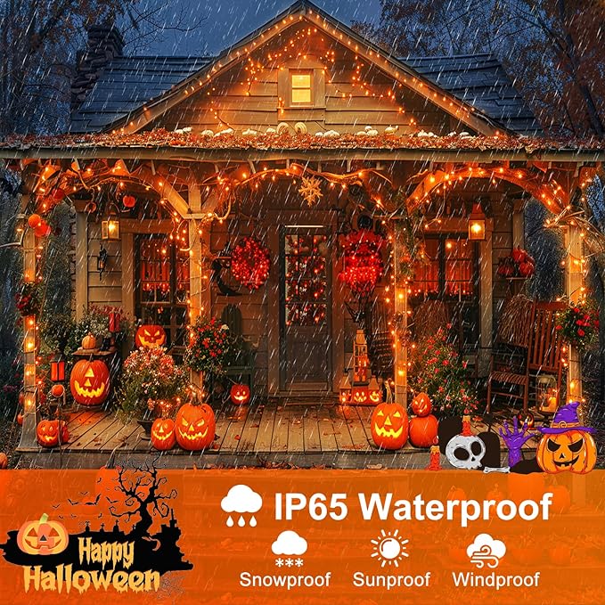 Orange Halloween Lights Outdoor, 66FT 200 LED String Lights for Outside with 8 Modes Waterproof, Plug in Connectable Twinkle Light Green Wire for Indoor Garden Tree Patio Party Decorations