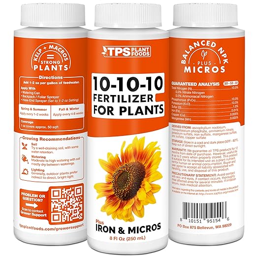 TPS NUTRIENTS Liquid 10-10-10 Fertilizer for Plants, Triple Ten NPK Plus Iron and Micros, Liquid Plant Food 8 oz (250mL)