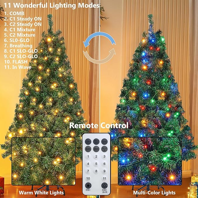 Juegoal 6 Foot Artificial Christmas Tree(NOT Pre-Strung), with 300 LED Warm White & Color Changing Lights, Fake Xmas Tree with Metal Legs, 850 Tips