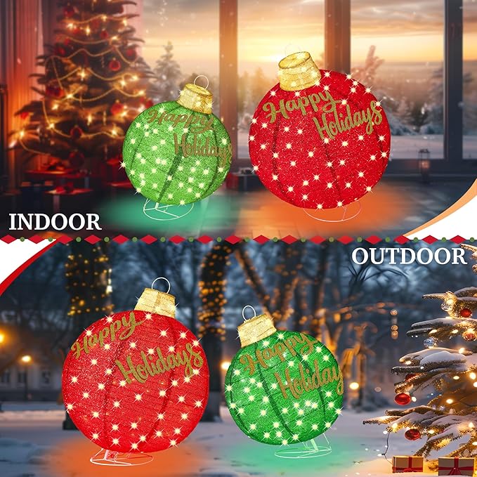 2Pcs 3FT Lighted Christmas Ornament Set - Expandable Outdoor, Indoor Holiday Decor with 200 LED Lights, Easy Assembly & Weatherproof, Red & Green Light-Up Ball for Yard, Garden, Storefront.