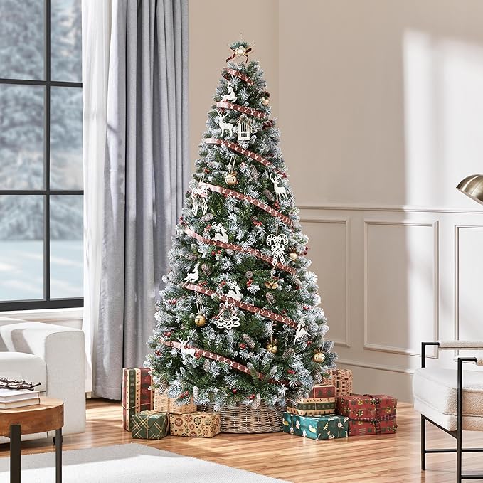 Yaheetech 6ft Pre-lit Frosted Artificial Hinged Christmas Tree with 818 Flocked PVC Tips,62 Pine Cones,62 Holly Berries & 250 Warm White Lights,Foldable Stand,Green