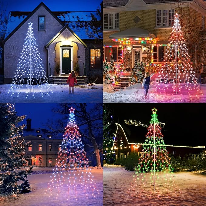 Lomotech RGB Color Changing Christmas Tree Lights - 10Ft 404 LED with 7.08" Topper, Remote Controll Waterproof Iron Pole Waterfall Holiday Tree Lights for Outdoor Christmas Decorations