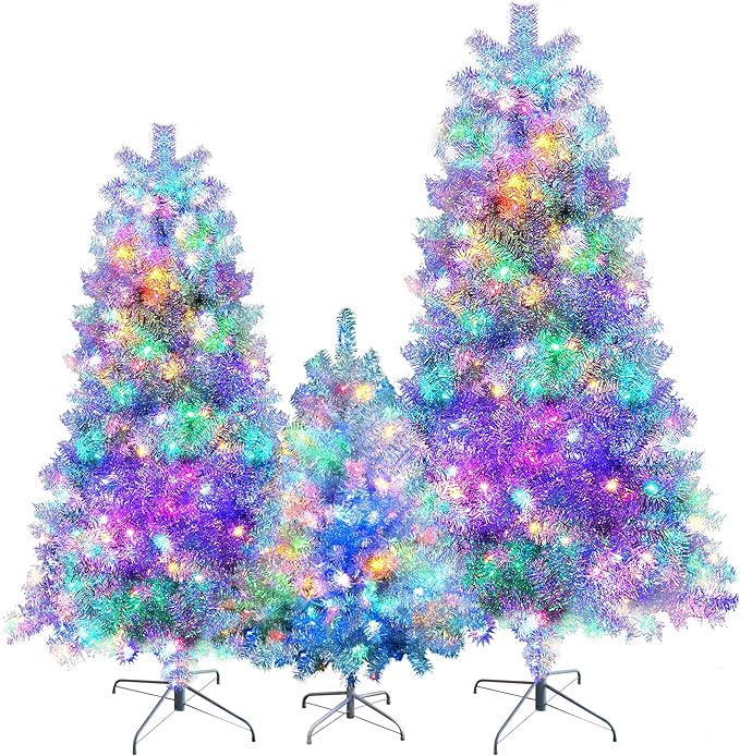 7.4FT 6FT 4FT Silver Pre-Lit Artificial Christmas Tree Set of 3, Hinged Full Xmas Trees with 2400 Branch Tips & 850 Multi-Color LED Lights, 11 Lighting Modes, Metal Stands, Holiday Decorations