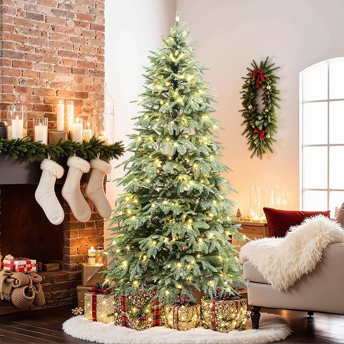 LuxenHome 6.5FT Prelit Christmas Tree with Lights, Green Flocked Artificial Christmas Tree with 350 LED Lights, 688 PE Branch Tips, Plug-in Prelit Pine Tree Indoor, Outdoor Holiday Décor