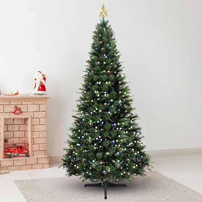 Evangeline 9ft Prelit Artificial Christmas Tree with 2514 Branch Tips, 850 Warm Lights and Metal Stand, 62" Wide Realistic Traditional Christmas Tree with Lights by Naomi Home