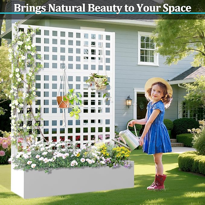 Metal Planter Box with Trellis, Planter Box with Privacy Screen, Privacy Trellis Outdoor for Climbing Plants with Drainage Holes, Raised Garden Bed for Vegetables