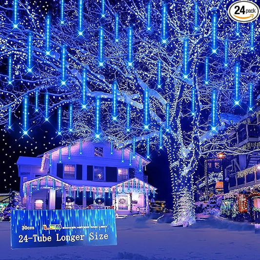Kwaiffeo Outdoor Christmas Decorations, 24 Tubes(Equivalent to 3 Sets of 8-Tubes) LED Meteor Shower Lights for Xmas Halloween Decor Yard Lawn Outside Party, Outdoor Lighted Christmas-Themed Ornaments