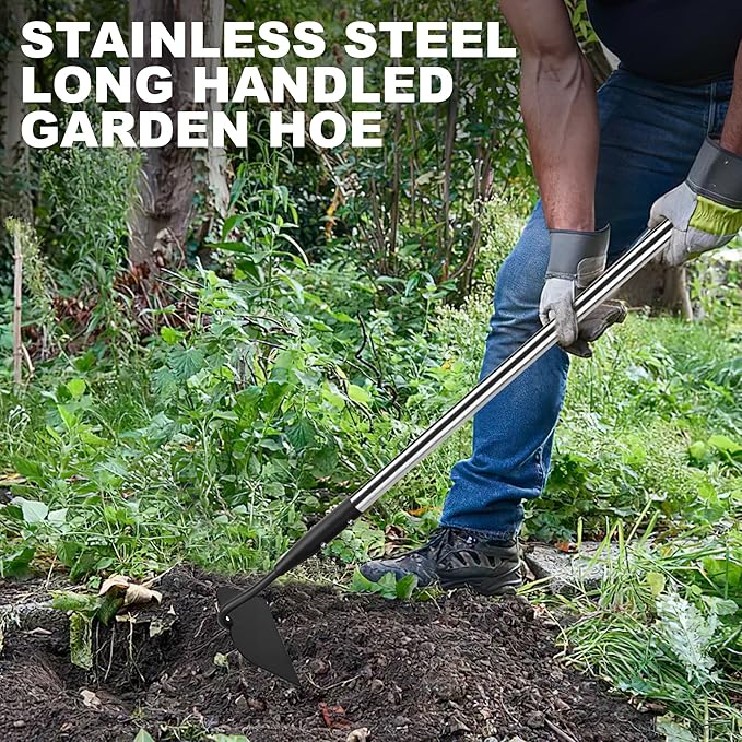 Garden Hoe, Long Handle Hoe Garden Tool with Non-Slip Silicone Cover, 56-Inch Stainless Steel Handle, Heavy Duty Hoe with Durable Blade, for Digging Loosening Weeding Planting