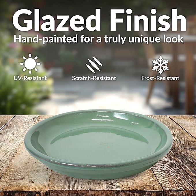 Sunnydaze 7-Inch Ceramic Plant Saucers - Plant Drip Trays for Outdoor Planter Flower Pot Drainage - Set of 2 - Seafoam