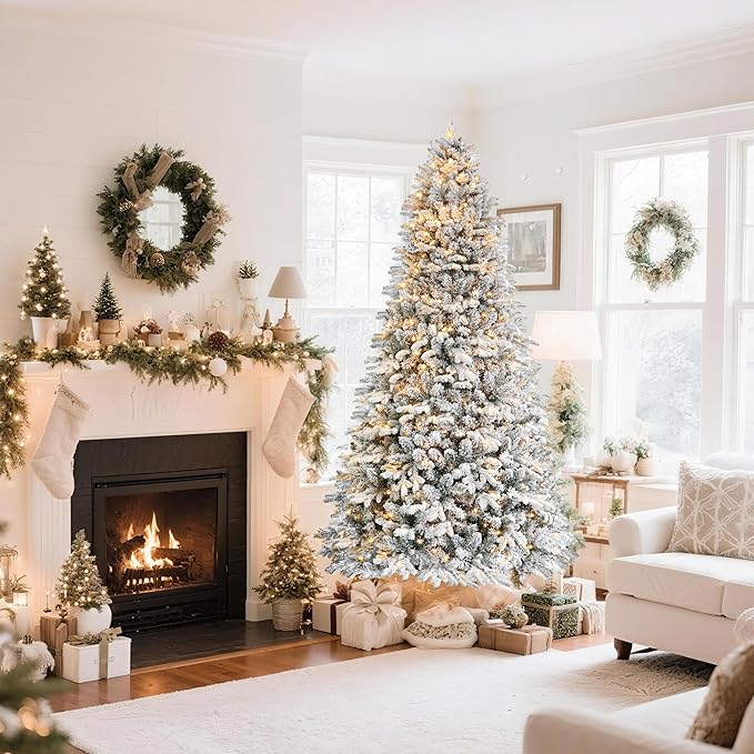 Rotating Flocked Christmas Tree 7ft - Prelit Musical Artificial Xmas Tree with Remote Control, 1220 PE & PVC Mixed Tips, 8 Modes 380 Multicolor LED Lights for Holiday Decor