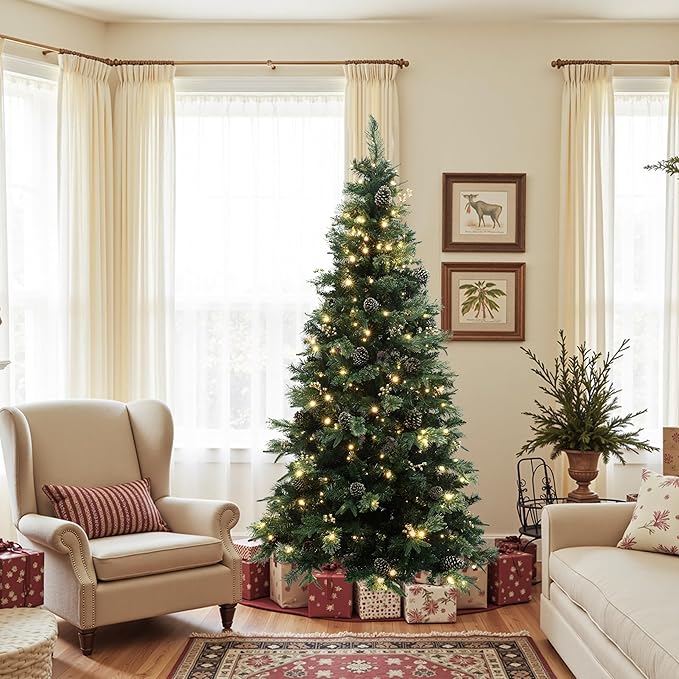 LuxenHome 6.5FT Prelit Christmas Tree with Lights, Slim Artificial Christmas Tree with 300 LED Lights and Pine Cone, 978 PE+PVC Branch Tips, Plug-in Prelit Pine Tree Indoor, Outdoor Holiday Décor