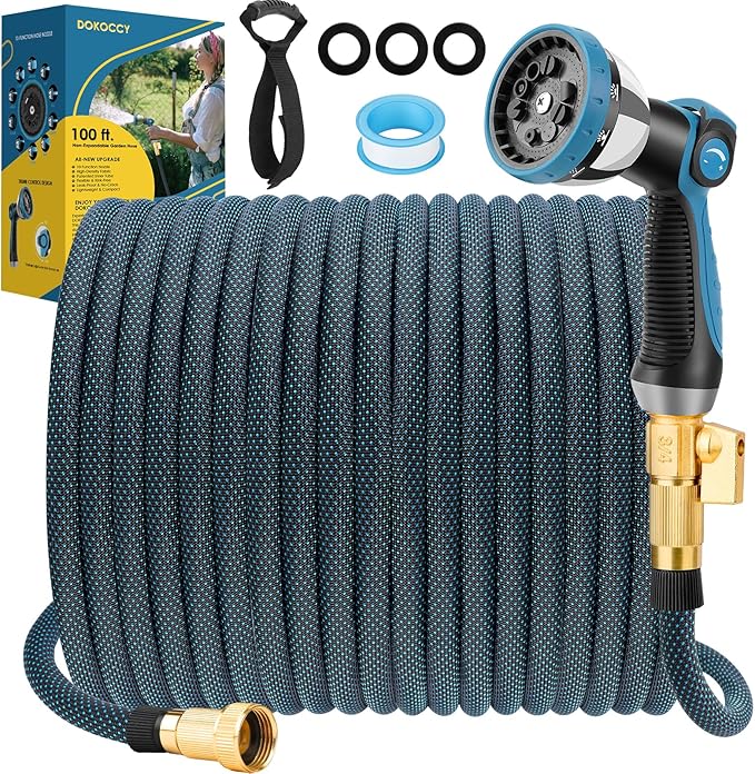 Non-Expanding Garden Hose 100 ft, Flexible Water Hose with 10 Function Spray Nozzle, Lightweight Hose Pipe, Leak-Proof, Durable, Kink-Resistant, 3/4 Inch Connector, Portable Storage Strap