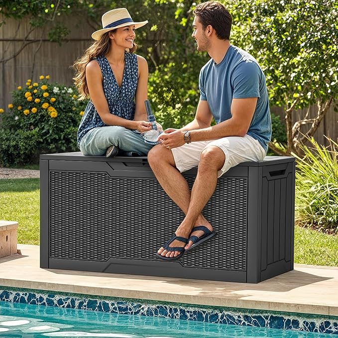 YITAHOME 80 Gallon Resin Deck Box, Weather Resistant Outdoor Rattan Storage Box, Lockable Indoor Outdoor Storage for Supplies and Essentials, Dark Gray