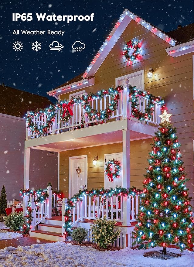 Brightown C9 Christmas Lights Outdoor, 114FT 150 LED Red and Pure White String Lights with Timer, 8 Modes, UL Listed Waterproof Connectable Christmas Tree Lights for House, Roof, Garden, Patio Decor