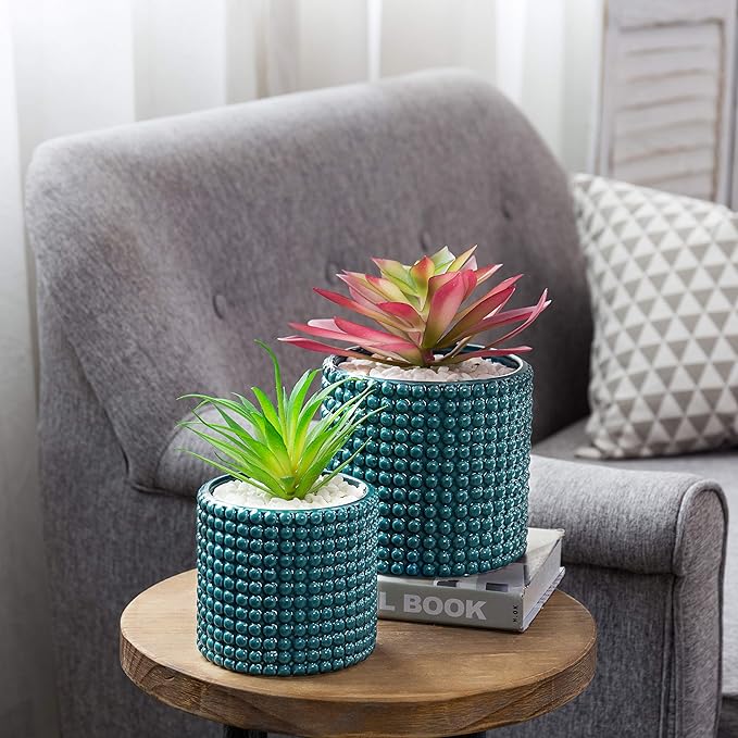 MyGift 6 Inch Ceramic Round Planter Pot, Set of 2 Vintage-Style Turquoise Ceramic Flower Pots, Indoor Hobnail Textured Cylindrical Succulent Plant Containers