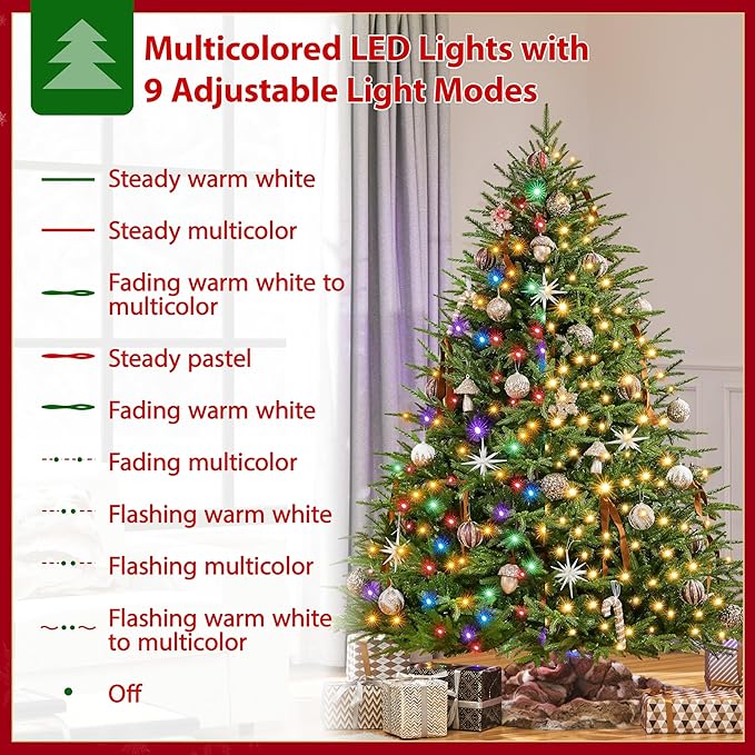 Yaheetech 6ft Full Christmas Tree with 550 Multicolored LED Lights & 1207 Unique Forked Tips,Hinged Tree for Garden,Office,Pre-lit Artificial Christmas Tree with Foldable Metal Stand,Green