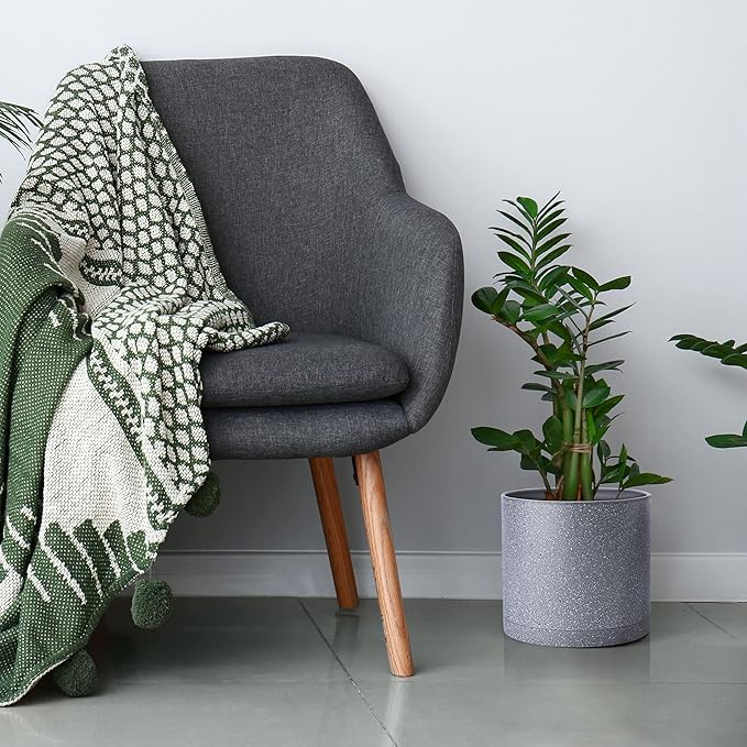 D'vine Dev 8 Inch Plastic Planter Pots for Plant Pot with Drainage Hole and Seamless Saucers, Speckled Gray Color, 74-X-G-1