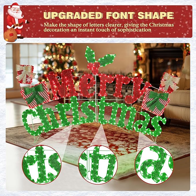 6FT Merry Christmas Sign for Decoration, 2-in-1 Pre-Lit Holiday Greeting Sign Decor with 456 LED Lights, Freestanding or Hanging Glittered Holiday Display for Outdoor, Indoor