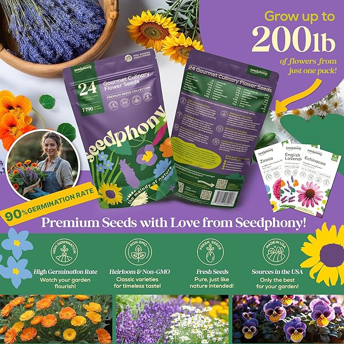 24 Gourmet Culinary Flower Seeds Variety Pack - 7,790+ Non-GMO Heirloom Flower Seeds for Planting Indoor & Outdoor Home Garden - Culinary Flowers Seed Packets for Planting Edible Flowers