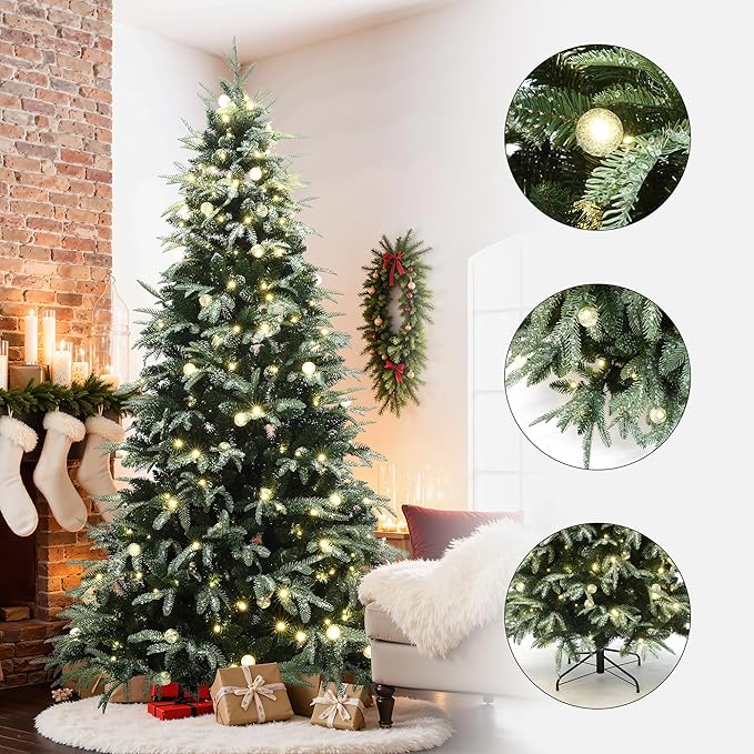 LuxenHome 7.5FT Prelit Christmas Tree with Lights, Green Flocked Artificial Christmas Tree with 400 LED Globe Lights, 2063 PE+PVC Branch Tips, Plug-in Prelit Pine Tree Indoor, Outdoor Holiday Décor