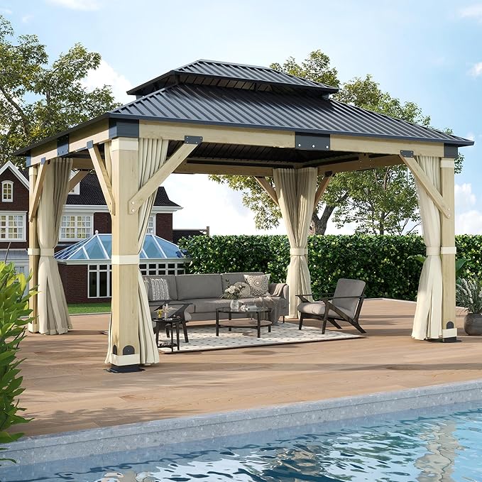 11'x13' Wood Gazebo, Hardtop Cedar Gazebos with Double Roof Galvanized Steel Top, Outdoor Solid Wooden Pavilion with Curtain & Netting for Garden, Patio, Deck, Backyard