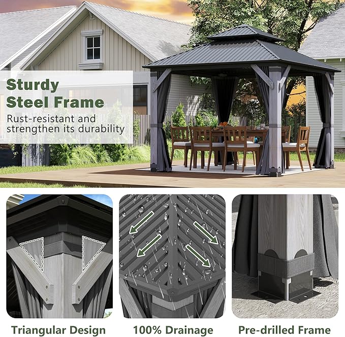 8.5'x8.5' Hardtop Wood Gazebo, Outdoor Double Roof Galvanized Steel Top Gazebo with Wooden Post, Curtains & Netting for Backyard, Patio, Deck (8.5x8.5 FT)