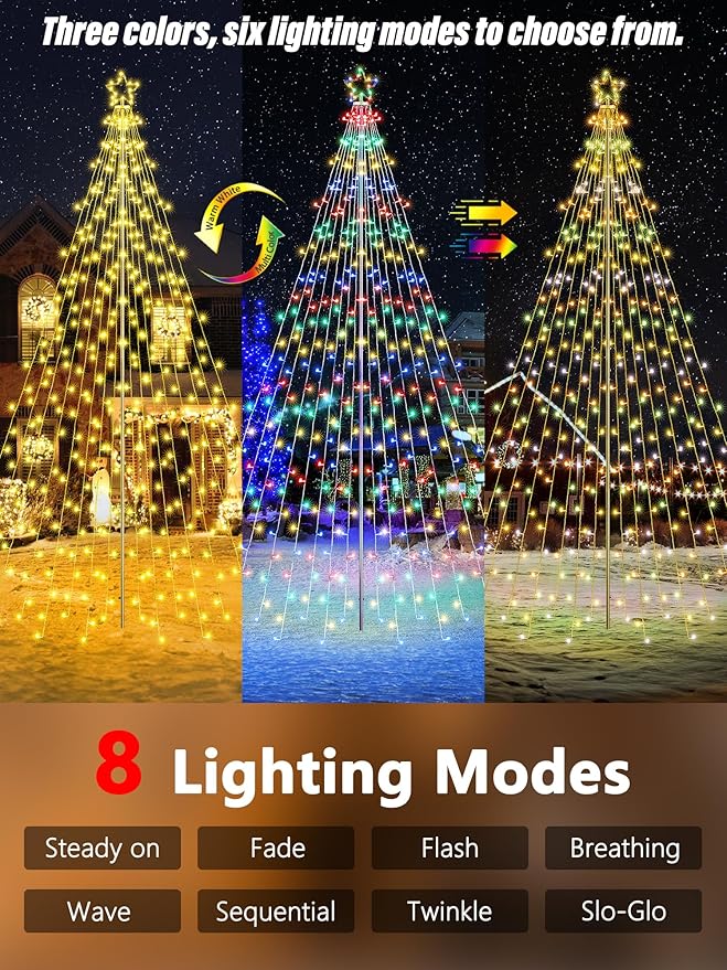 Lomotech Color Changing Christmas Tree Lights - 16Ft 664 LED with 10.5" Topper, Remote Controll Waterproof Iron Pole Waterfall Lights for Outdoor Christmas Decorations (Warm White to Multicolor)
