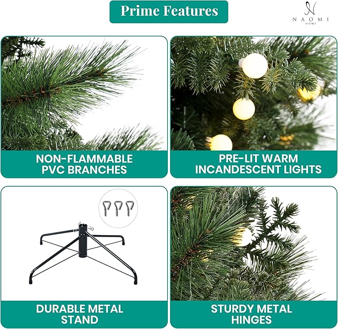 Evangeline 9ft Prelit Artificial Christmas Tree with 2514 Branch Tips, 850 Warm Lights and Metal Stand, 62" Wide Realistic Traditional Christmas Tree with Lights by Naomi Home