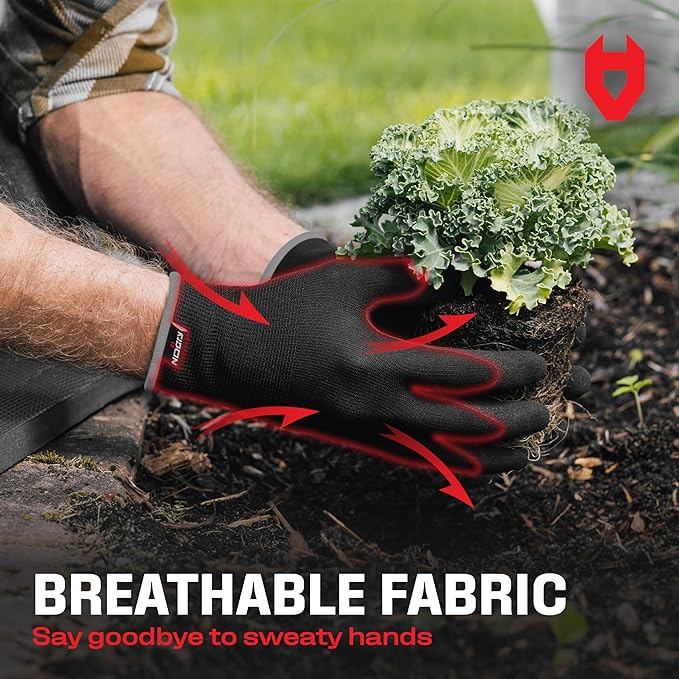 NoCry Gardening Gloves for Men with Strong Grip and Touchscreen Tips — Breathable Rubber Coated Garden Gloves with Superior Dexterity — Snug-Fitting Yard Gloves for Men or Lawn Gloves Men