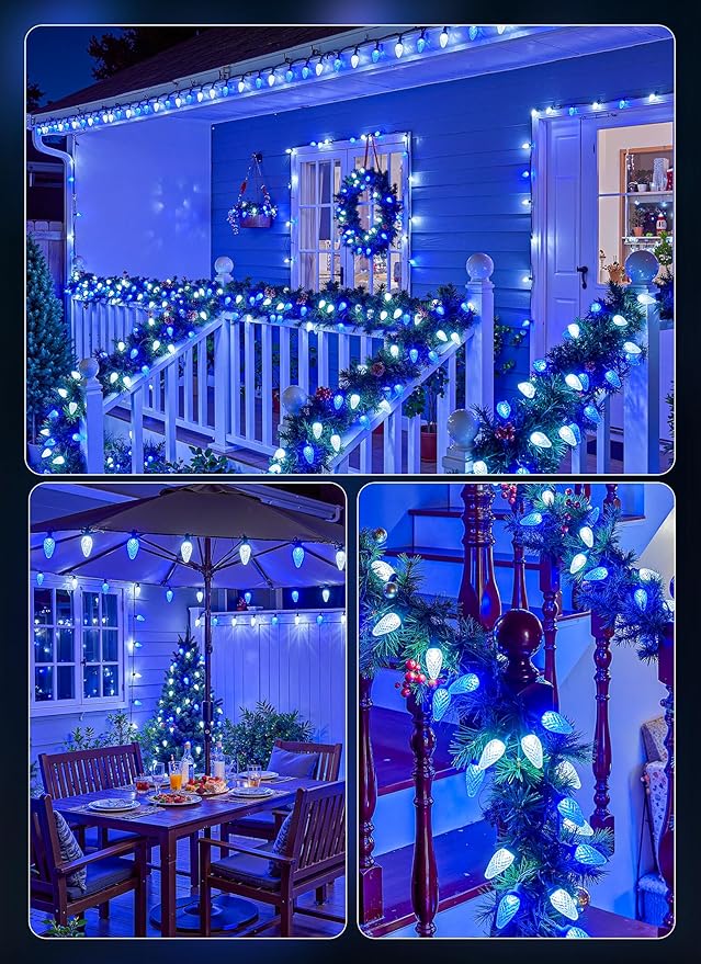 C9 Christmas Outdoor Lights, 72 FT 110 LED C9 String Lights, 8 Modes & Timer Extendable Waterproof for Christmas Tree Indoor Outdoor Roofline Patio Outside Backyard Holiday Xmas Decor, Blue White
